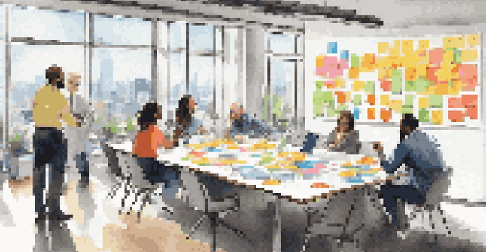 A diverse group of professionals in a bright room brainstorming ideas around a table filled with colorful sticky notes and diagrams.
