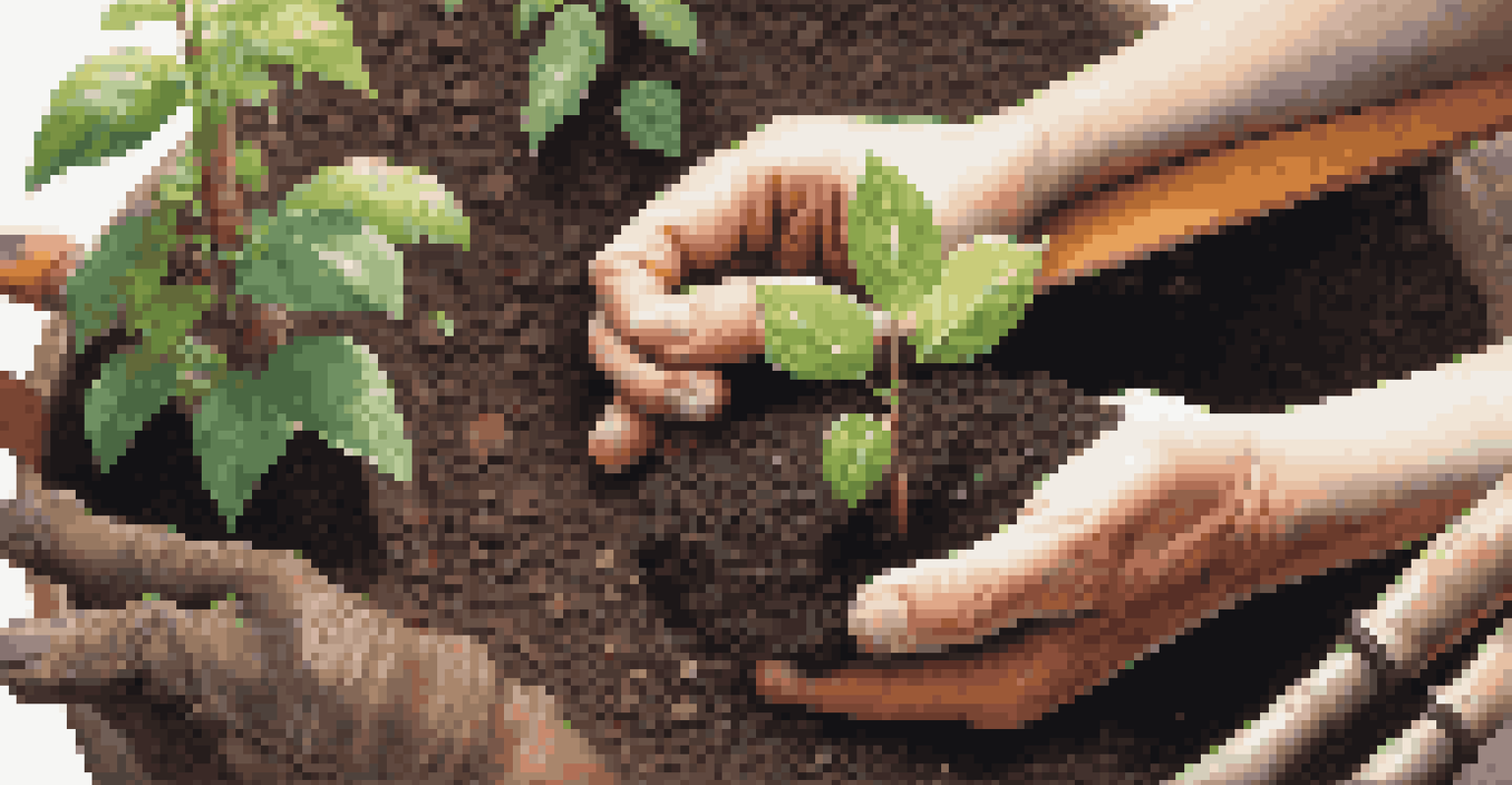 Close-up of hands planting a young tree in soil, with eco-friendly gardening tools and pots around, symbolizing sustainability.
