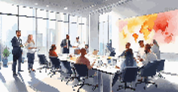 A diverse group of employees participating in a leadership training workshop in a well-lit conference room.