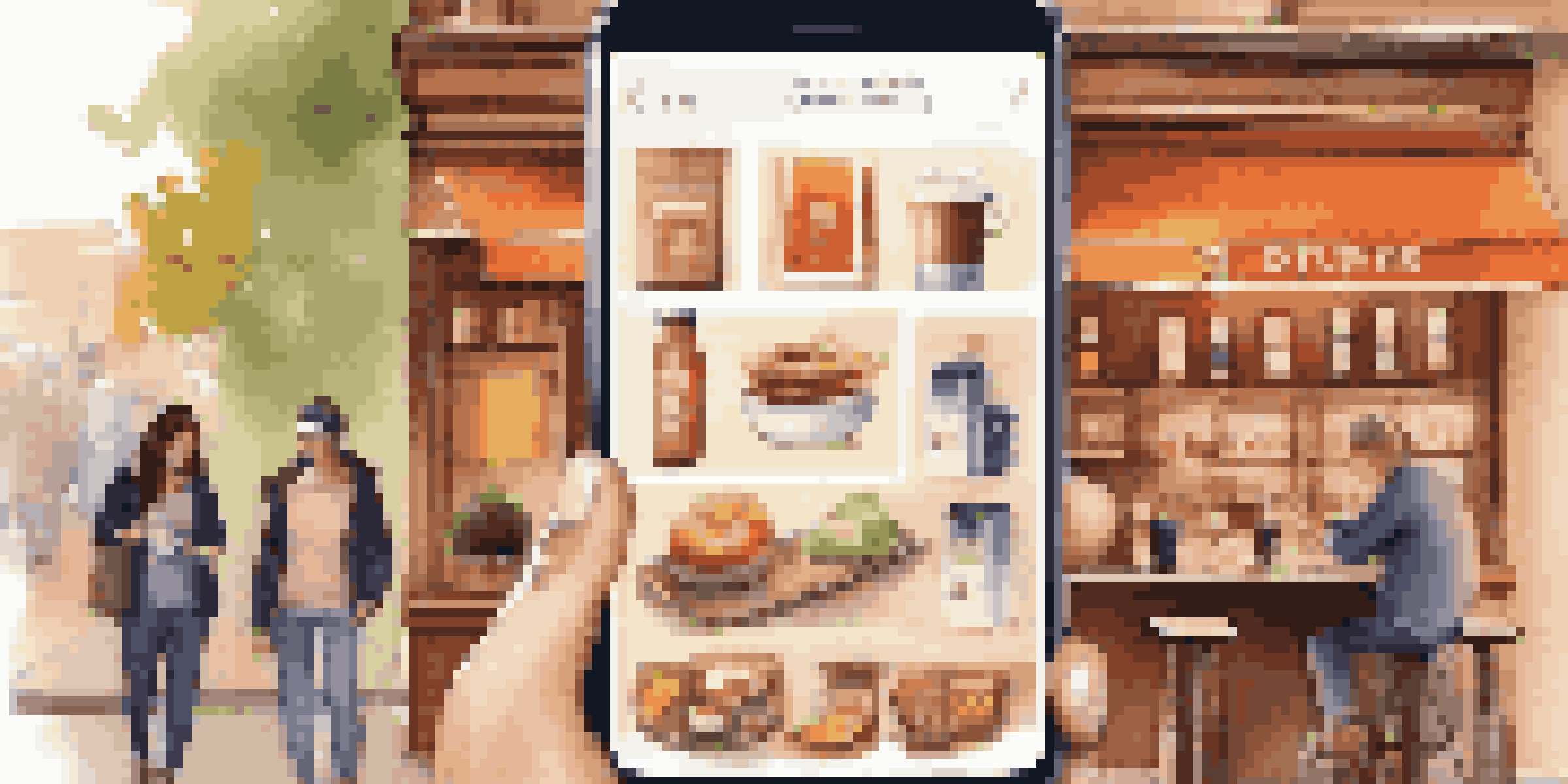 A person using a smartphone in a cozy coffee shop, browsing a mobile shopping app with a colorful user interface.