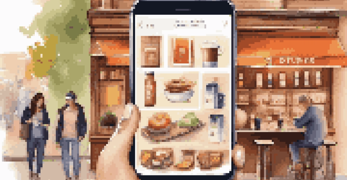 A person using a smartphone in a cozy coffee shop, browsing a mobile shopping app with a colorful user interface.