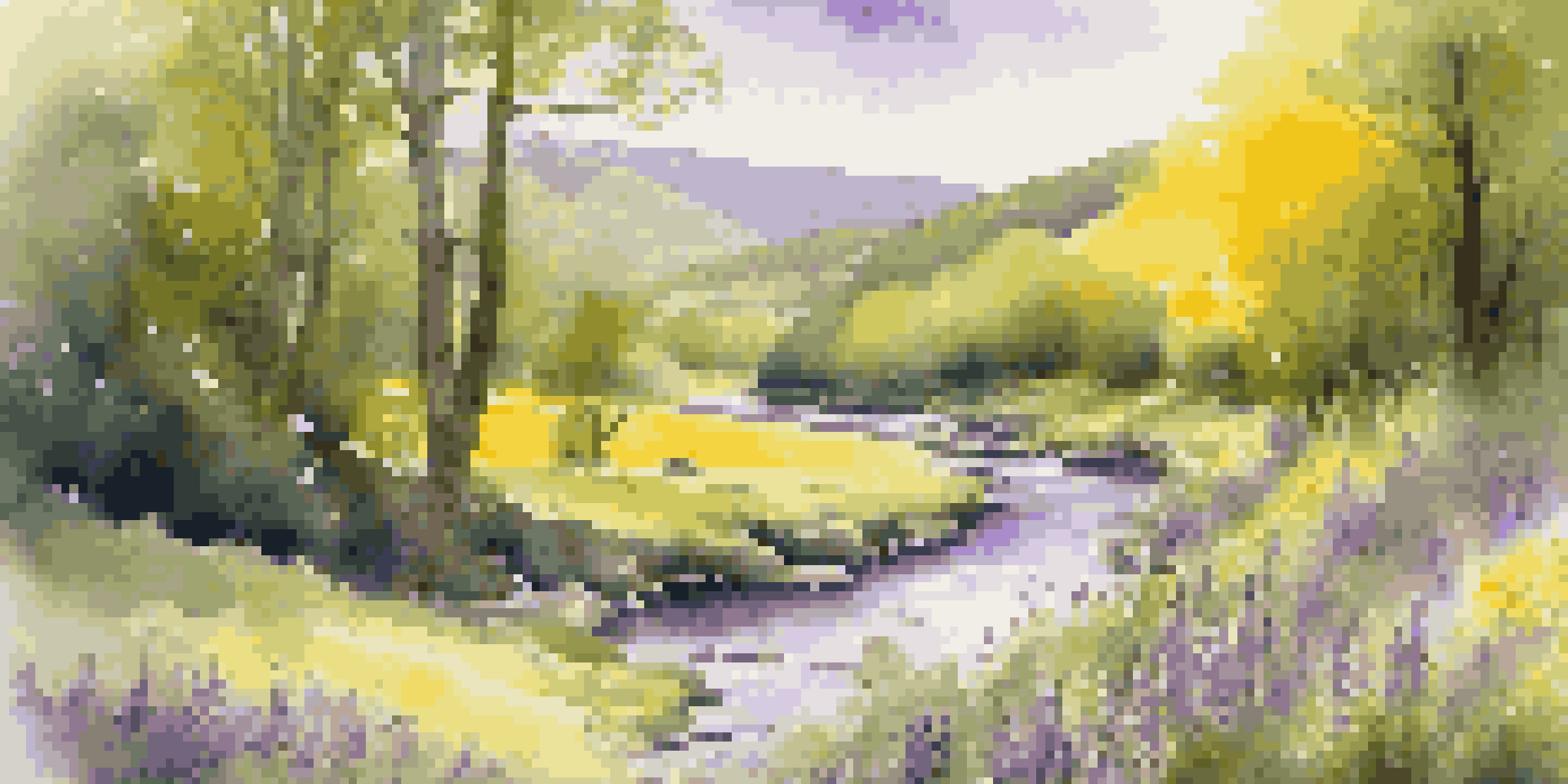 A tranquil river flowing through a green valley with sunlight filtering through trees and colorful wildflowers along the bank.