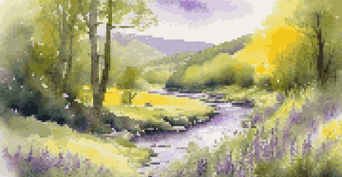 A tranquil river flowing through a green valley with sunlight filtering through trees and colorful wildflowers along the bank.