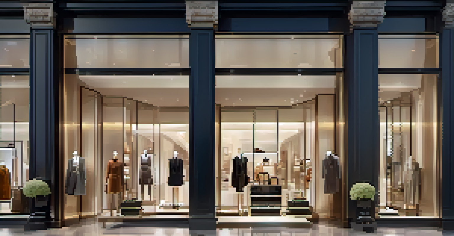 A luxurious storefront displaying high-end fashion items with modern architecture and warm lighting.