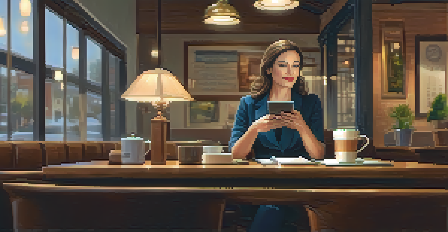 A businesswoman in a coffee shop, engaged in a phone conversation about negotiations with a notepad in front of her.
