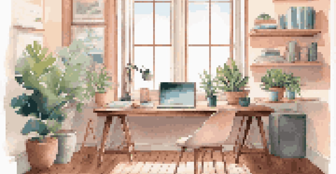 A modern home office with a desk, laptop, plant, and coffee cup, illuminated by natural light from a window.