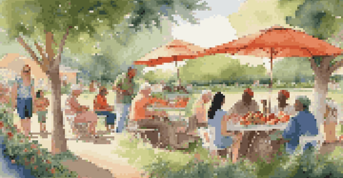 A diverse group of people enjoying a community gathering in a lush green park under bright sunlight.