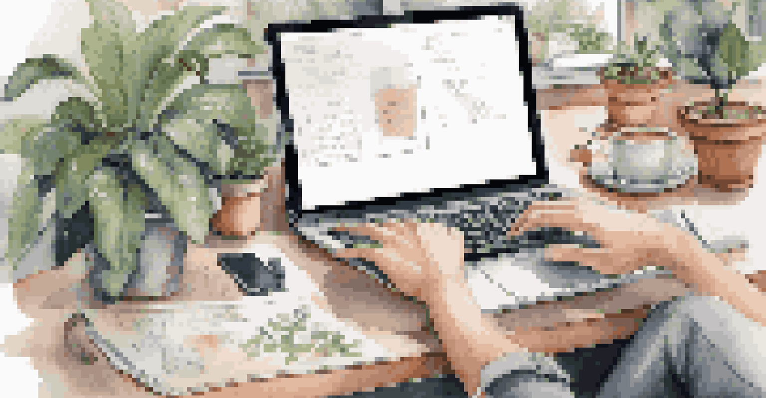 A close-up of hands working on a laptop surrounded by a coffee cup and a notepad in a well-organized, inspiring workspace.