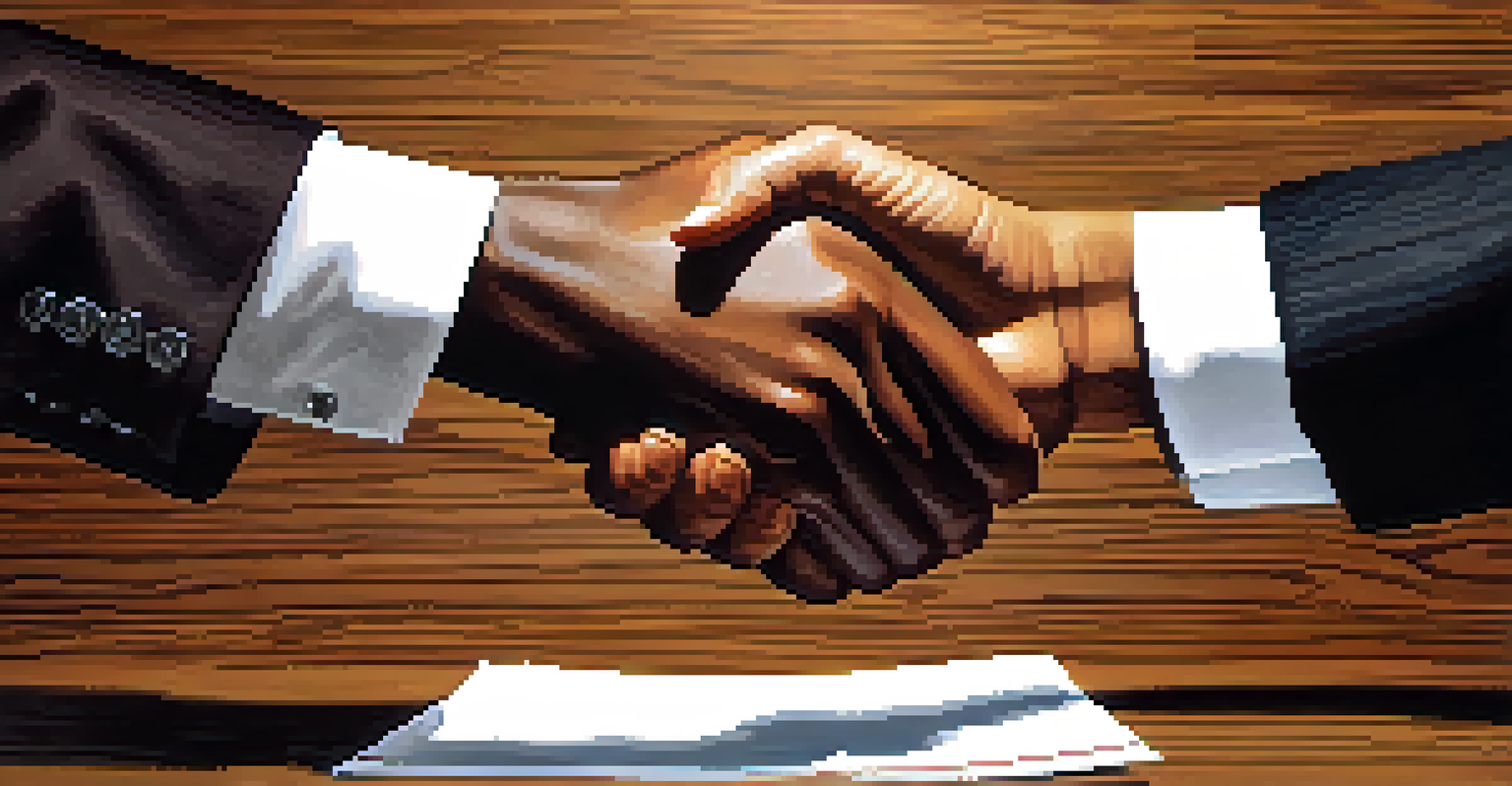 A close-up of two hands shaking over a signed contract on a table, symbolizing the successful closing of a deal.