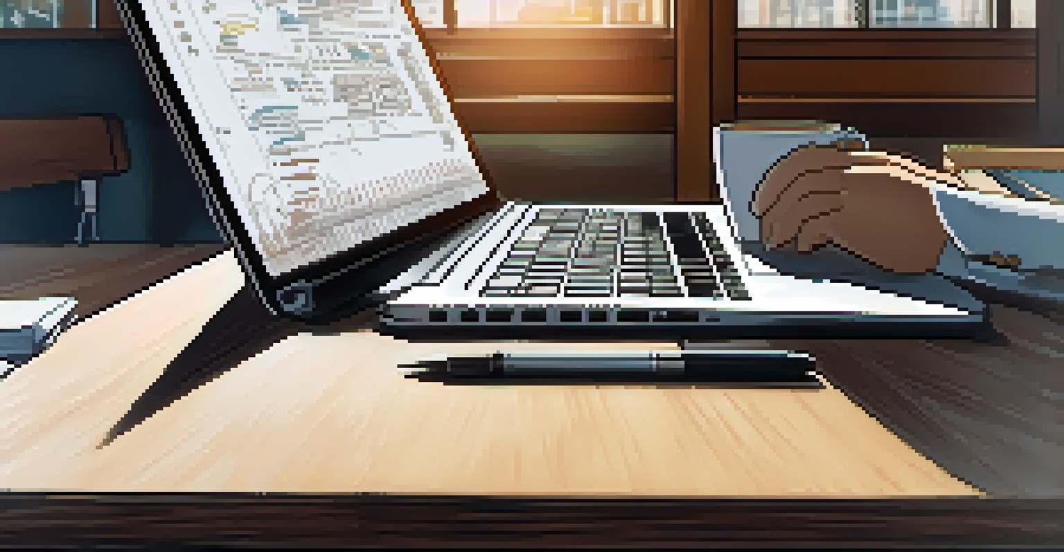 Close-up of hands typing on a laptop with documents and coffee on a table, background blurred conference room.