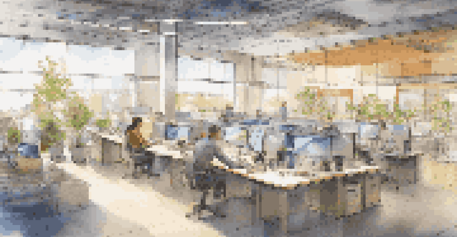 A modern workspace with solar panels and recycled materials, where employees are using digital devices in a warm, inviting atmosphere.