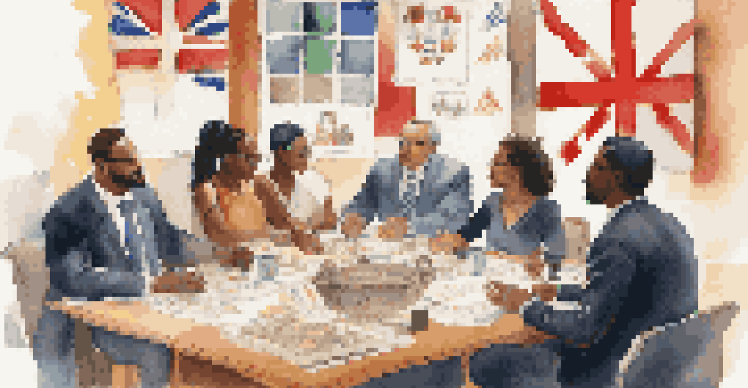 A diverse group of professionals negotiating at a table with cultural artifacts around them.