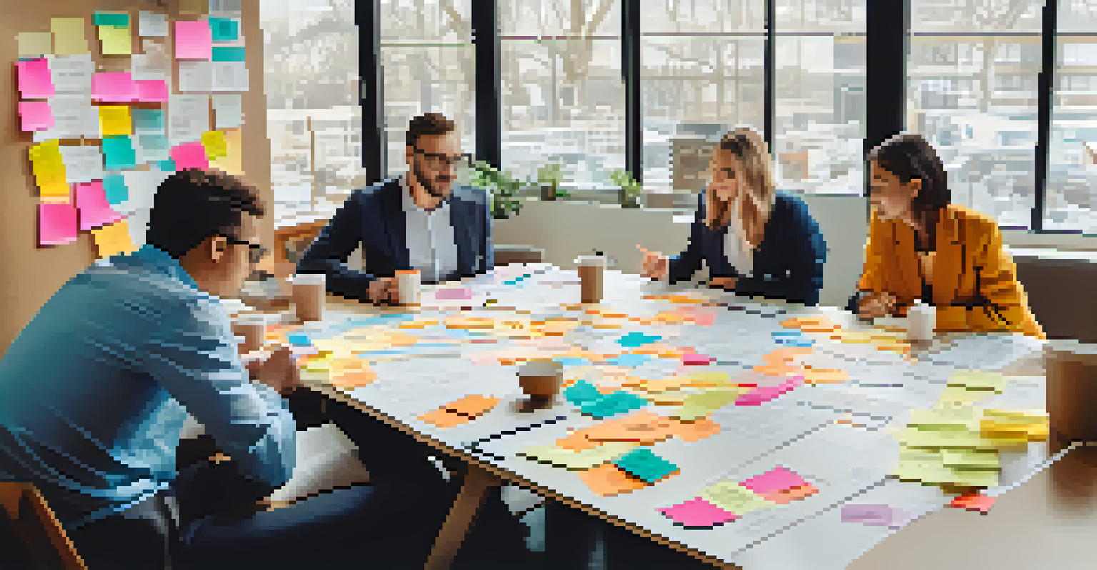A diverse group of professionals collaborating on a Business Model Canvas with sticky notes and diagrams.