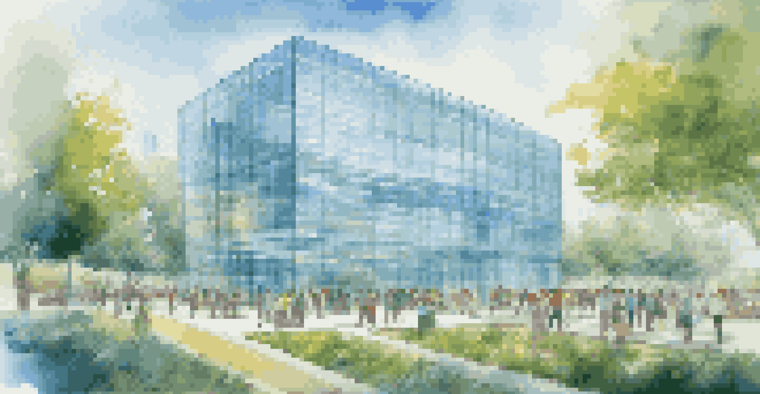 A transparent glass building with people working inside, reflecting the cityscape, surrounded by greenery.