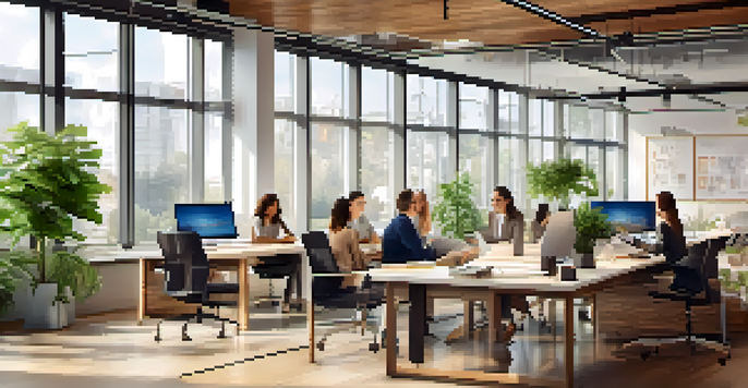 A bright office filled with diverse employees in a meeting, discussing and sharing ideas, surrounded by motivational quotes about transparency.