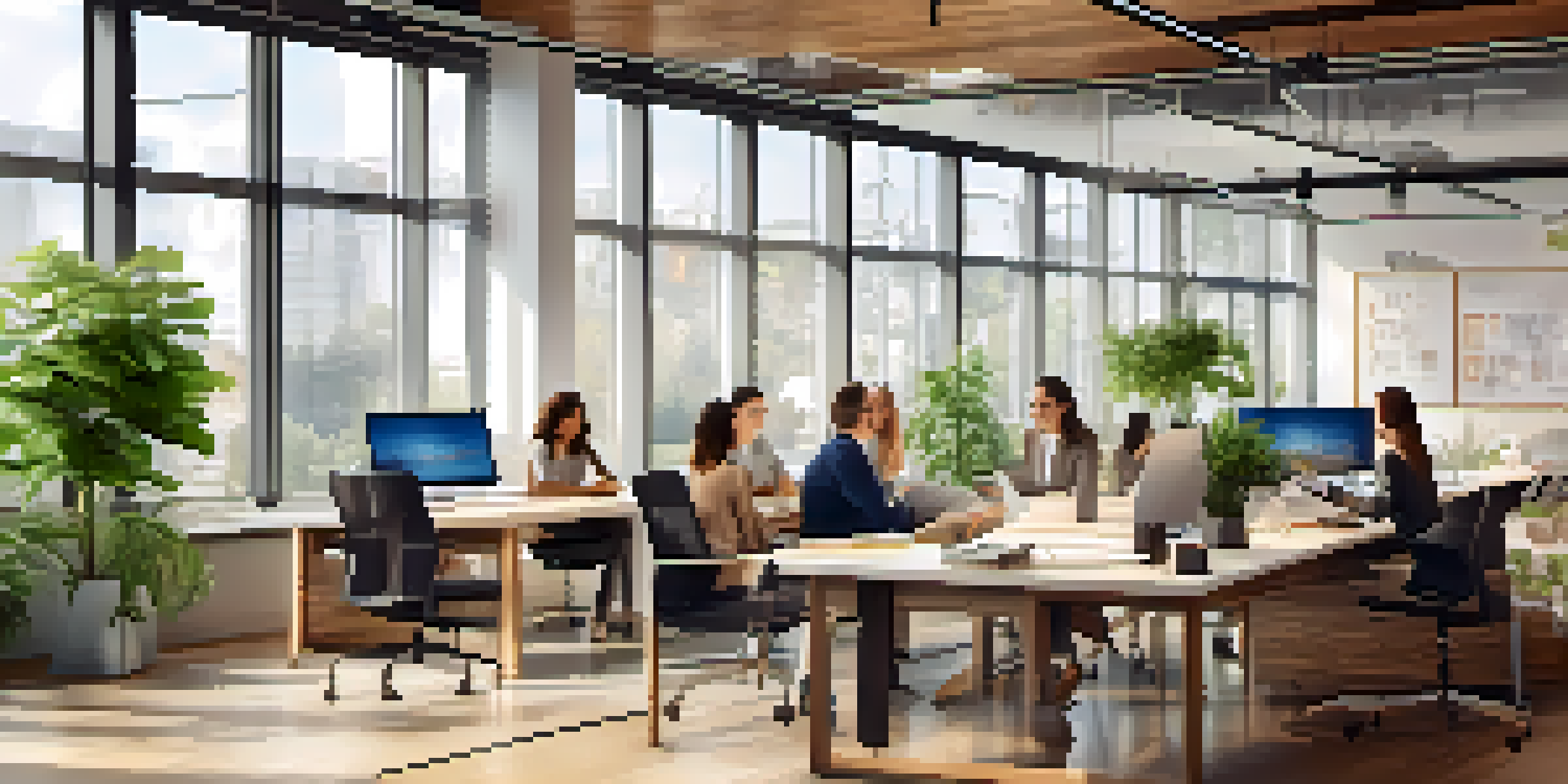 A bright office filled with diverse employees in a meeting, discussing and sharing ideas, surrounded by motivational quotes about transparency.