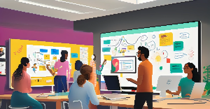 A diverse group of professionals working together around a digital whiteboard in a bright office, using laptops and digital tools.