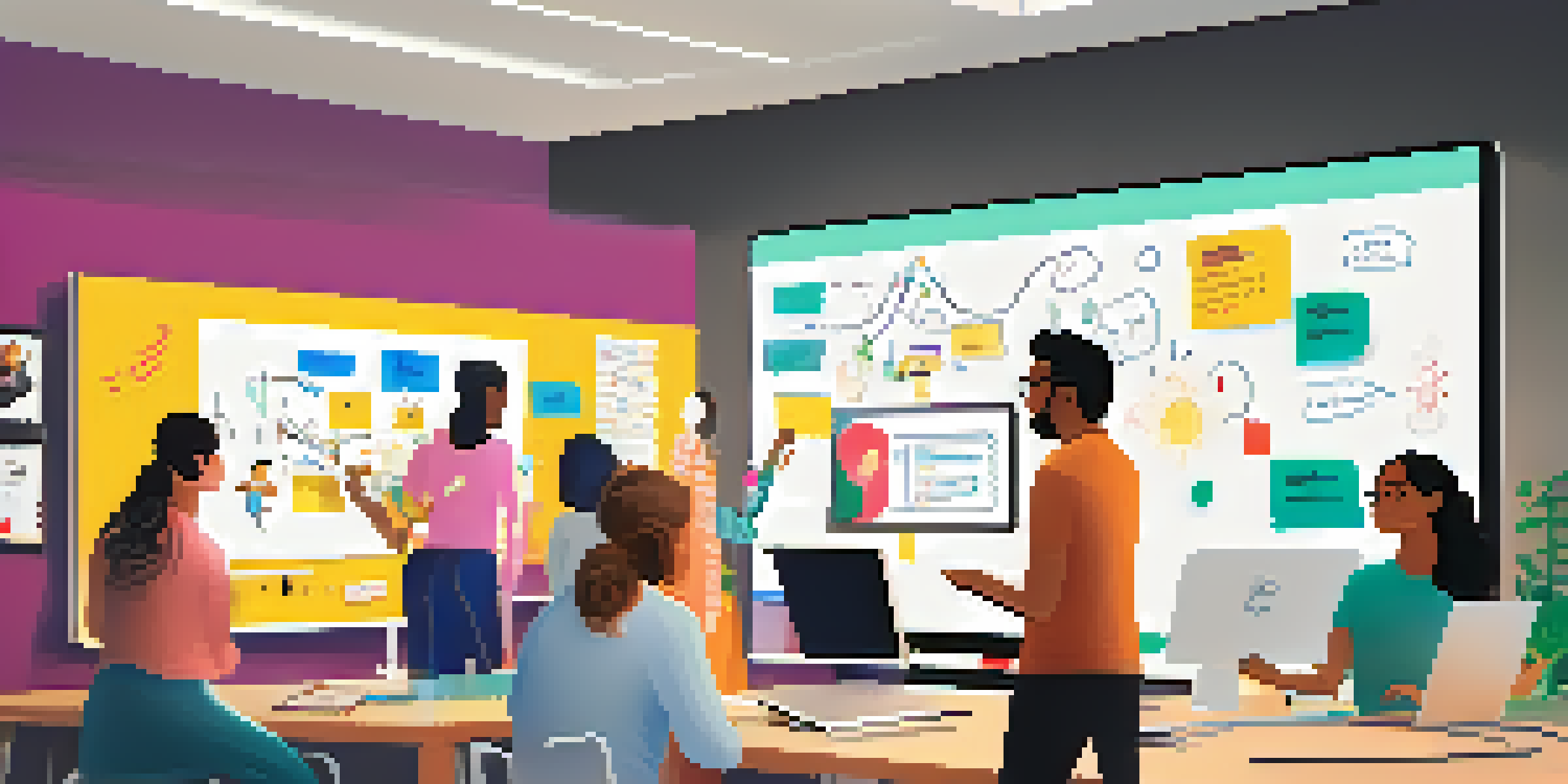 A diverse group of professionals working together around a digital whiteboard in a bright office, using laptops and digital tools.