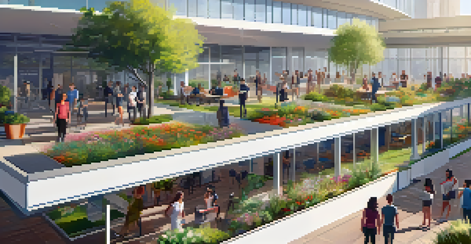 A group of employees walking in an outdoor workspace, discussing while using standing desks and fitness equipment.