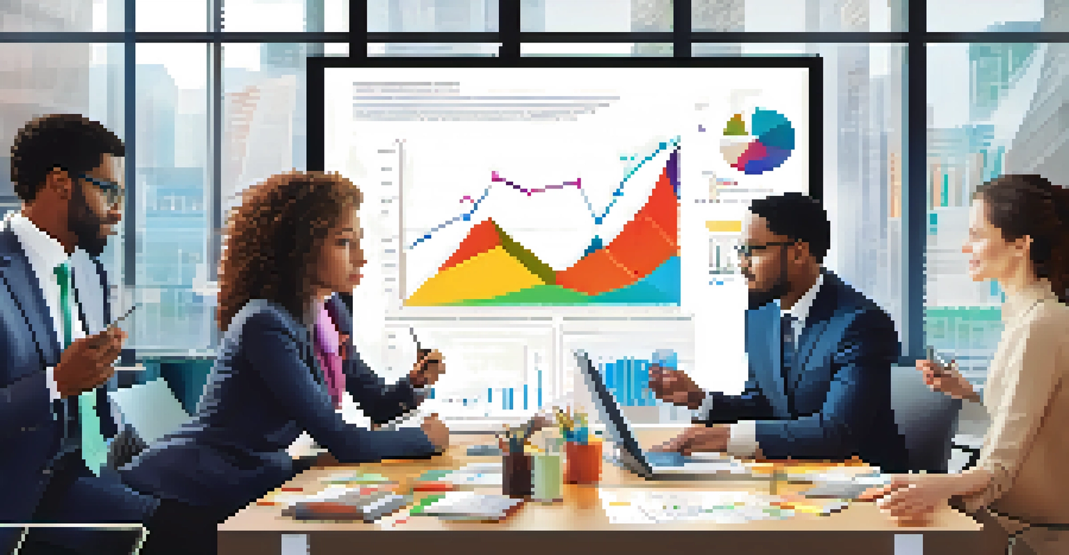 A diverse group of professionals discussing financial strategies around a table with charts and a screen showing graphs.