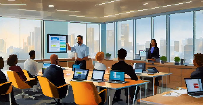 A diverse group of employees in a bright conference room participating in a data privacy training session, with a projector displaying information on the topic.