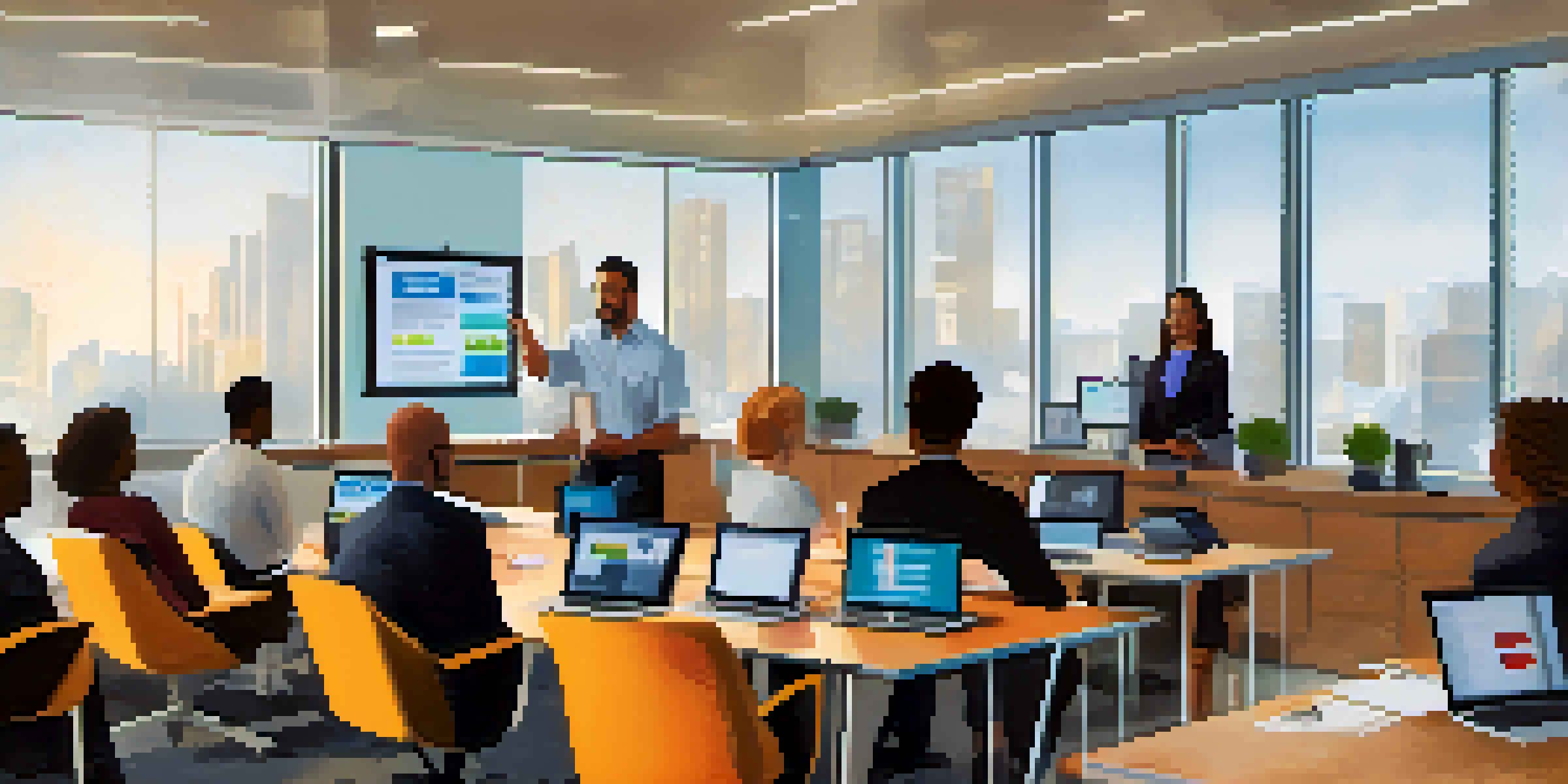 A diverse group of employees in a bright conference room participating in a data privacy training session, with a projector displaying information on the topic.