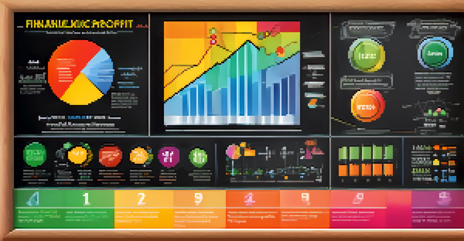 An infographic on a chalkboard showing financial metrics such as revenue and gross profit margin, designed with colorful icons and text.