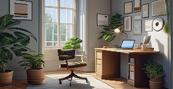 A warm and inviting home office space with a wooden desk, laptop, plants, and sunlight streaming through a window.