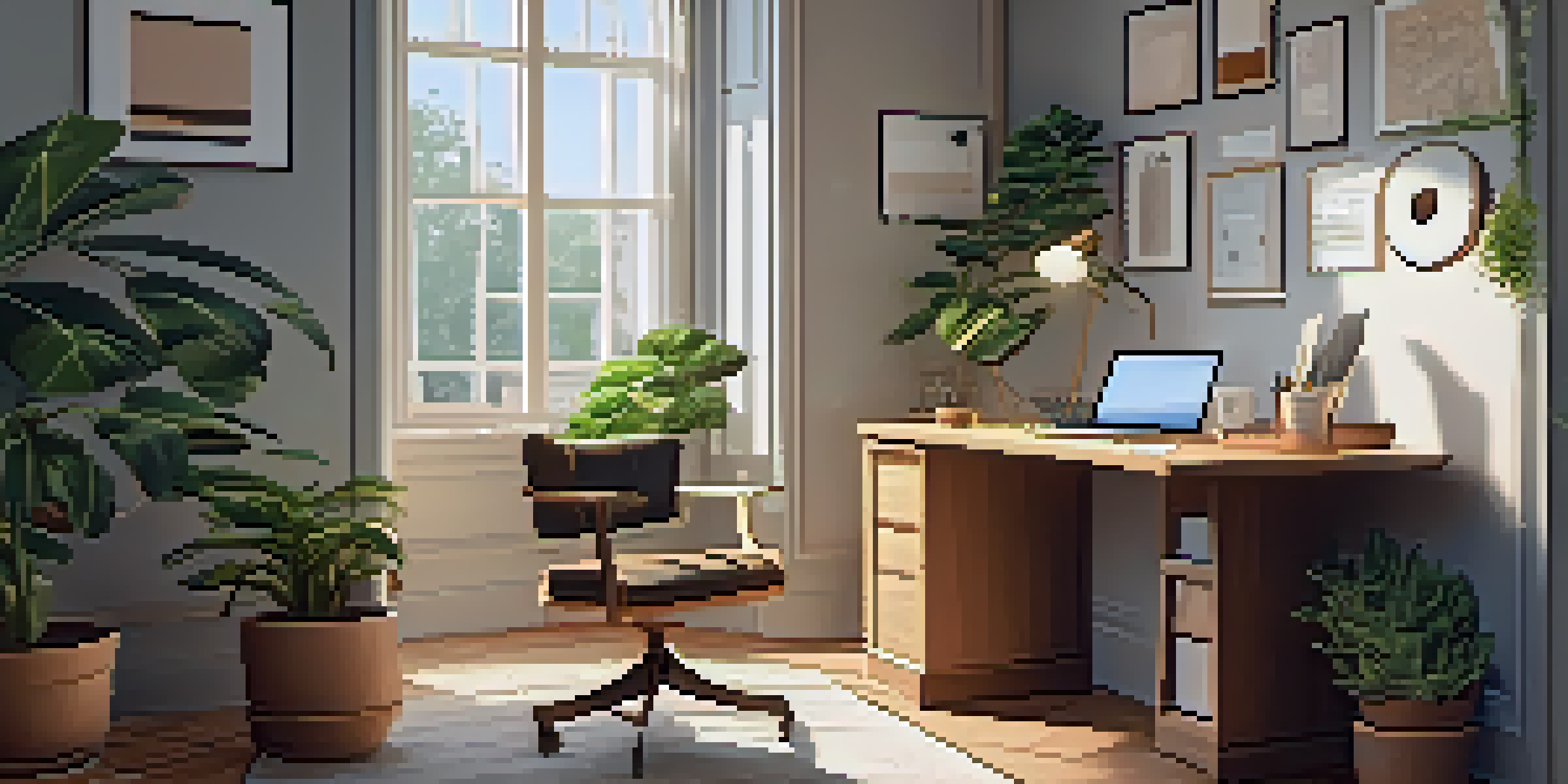 A warm and inviting home office space with a wooden desk, laptop, plants, and sunlight streaming through a window.
