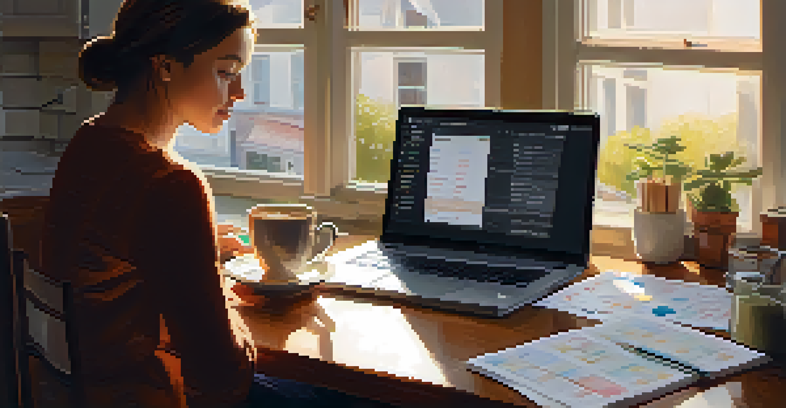 A person reviewing their budget at a kitchen table with a laptop, coffee, and an open notebook.