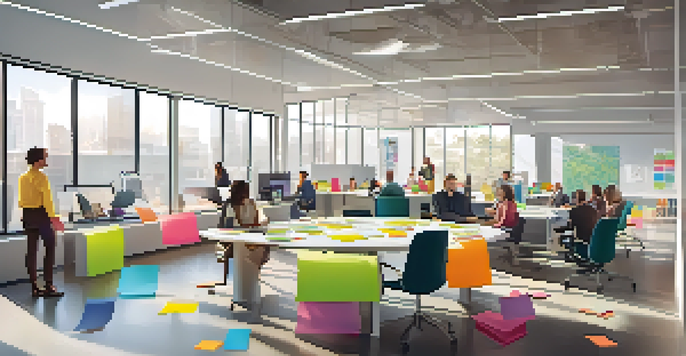 A diverse team of employees in a modern office space engaged in a brainstorming session around a glass table, with colorful post-it notes and digital devices present.