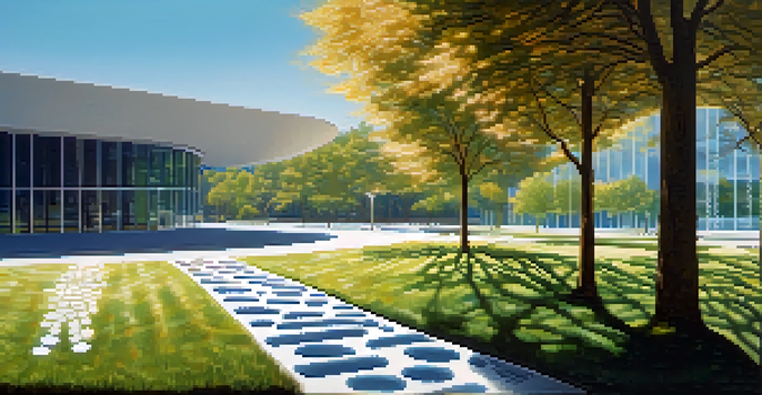 A digital landscape with a glowing footprint made of binary code leading to a modern office building, illuminated by soft sunlight.