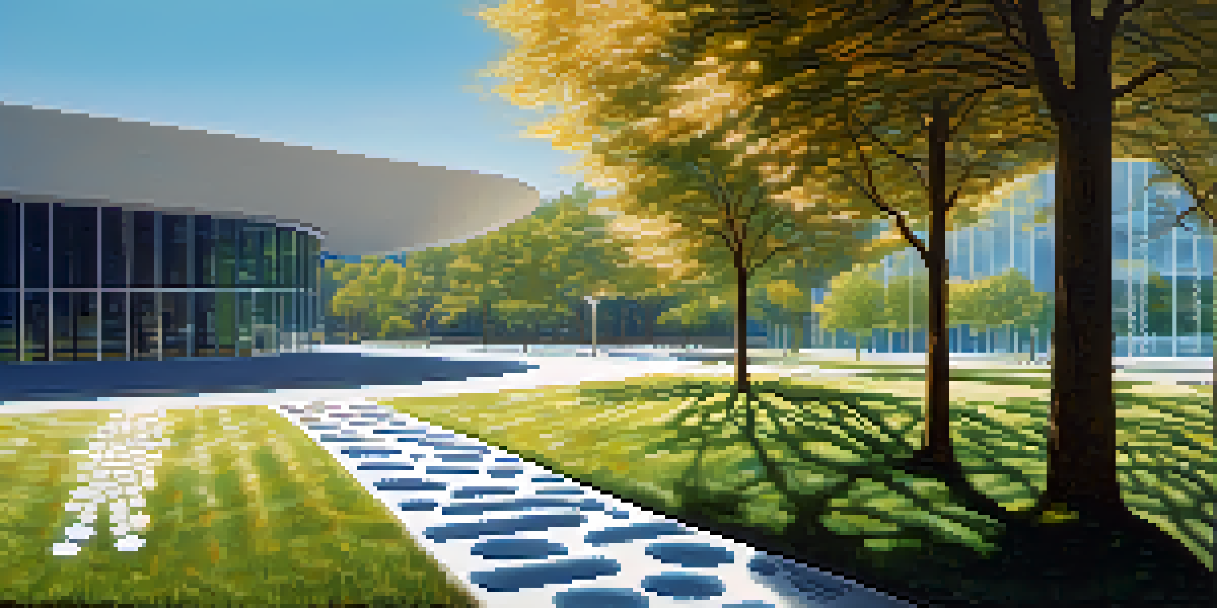A digital landscape with a glowing footprint made of binary code leading to a modern office building, illuminated by soft sunlight.