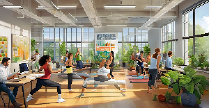 A diverse group of employees engaged in wellness activities in a bright office environment.