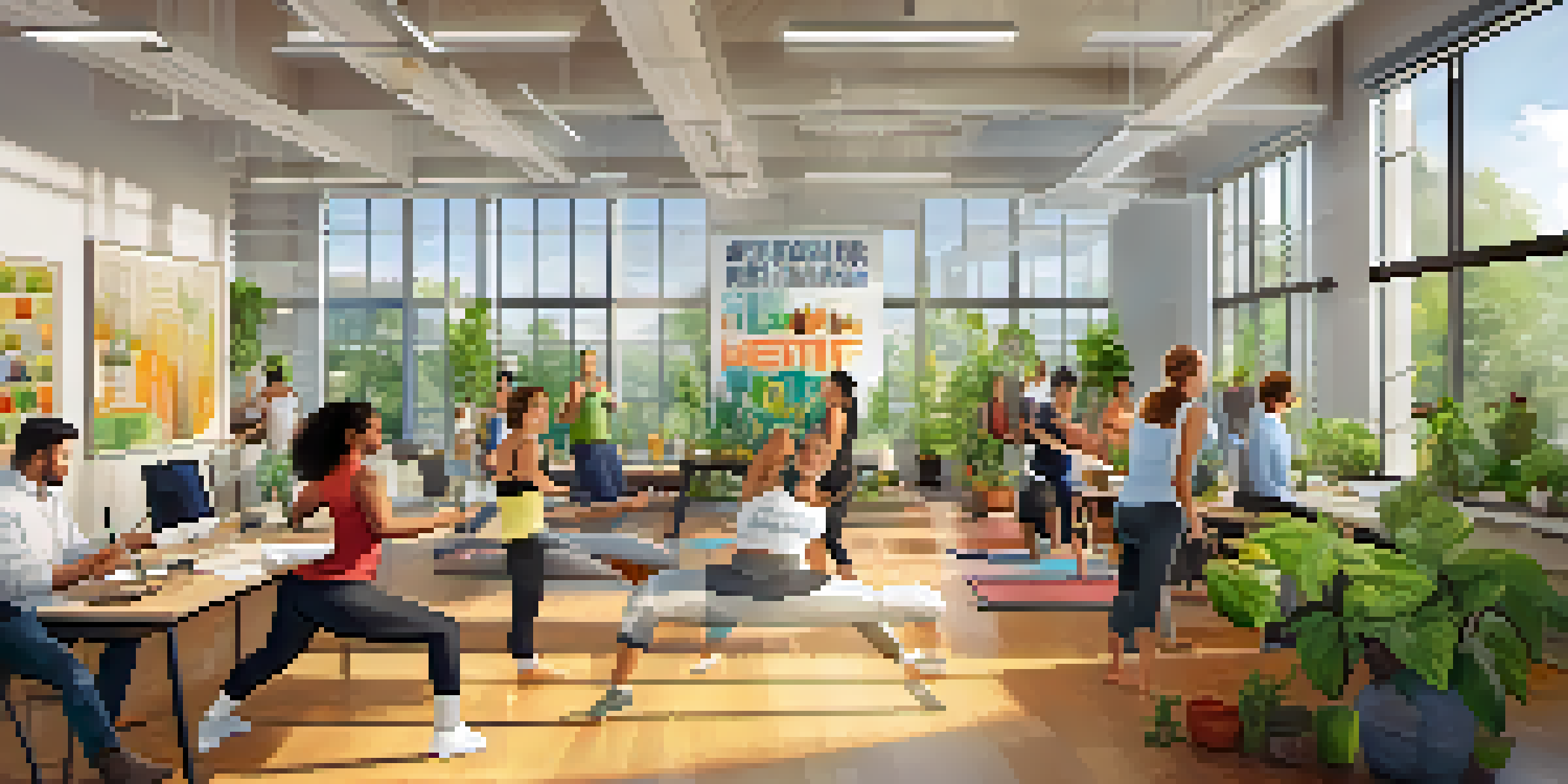 A diverse group of employees engaged in wellness activities in a bright office environment.