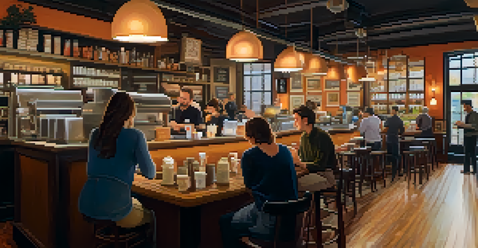 A lively coffee shop with customers enjoying their time, a barista making coffee, and delicious pastries on display.