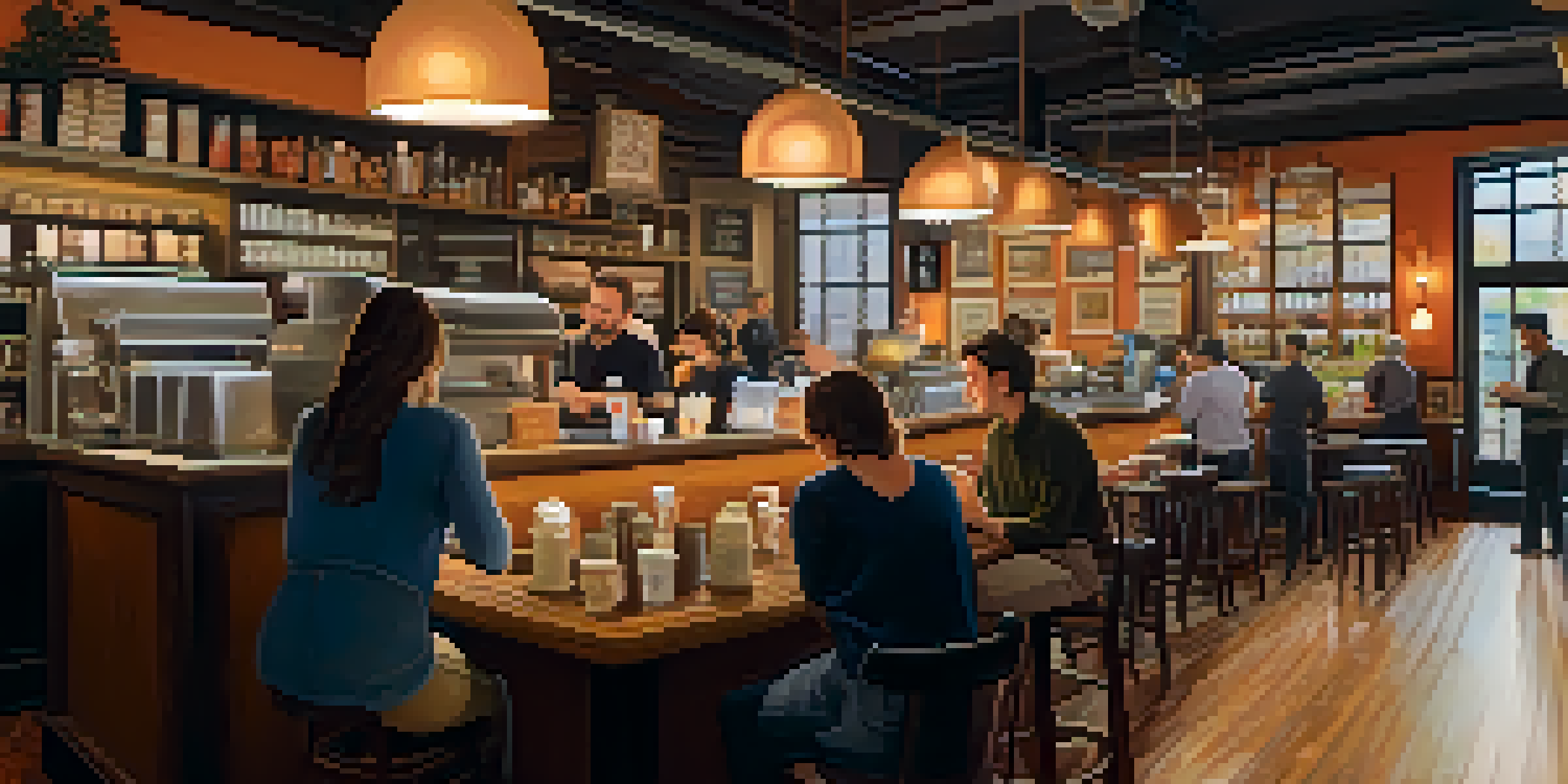 A lively coffee shop with customers enjoying their time, a barista making coffee, and delicious pastries on display.