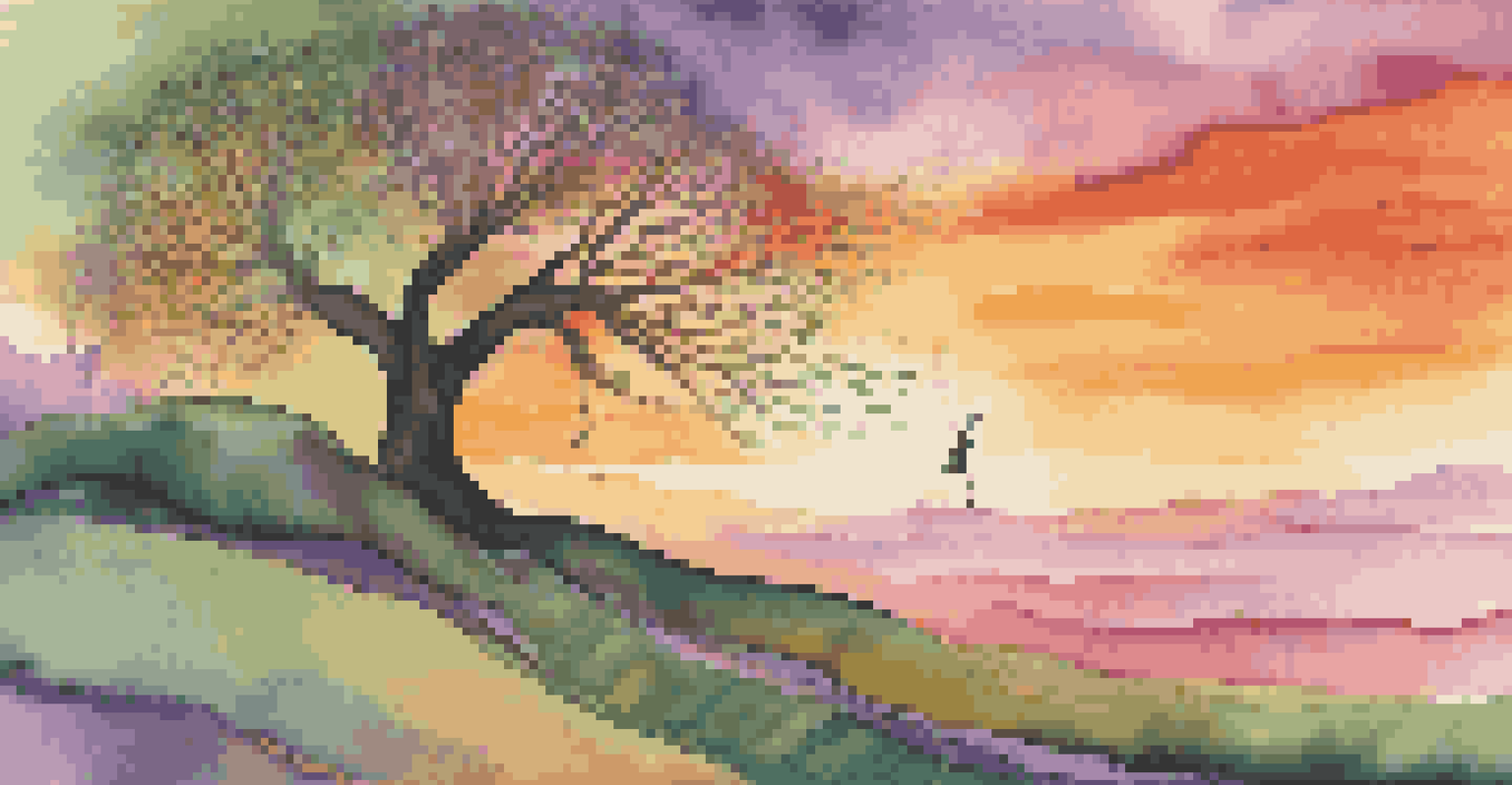 An abstract tree bending in the wind during a colorful sunset.