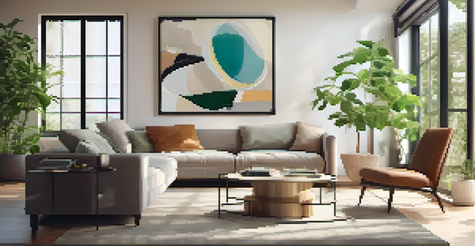 A living room with a smartphone showing virtual furniture overlaid in the space, illuminated by natural light.