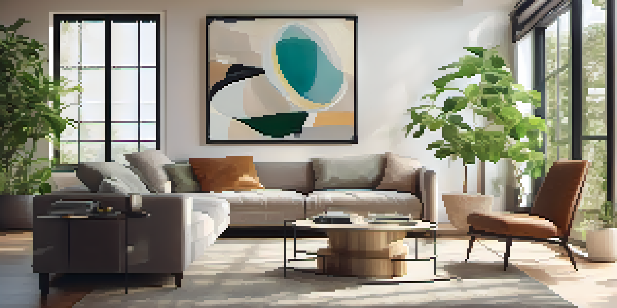 A living room with a smartphone showing virtual furniture overlaid in the space, illuminated by natural light.