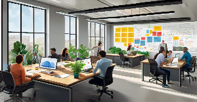 A diverse team of professionals collaborating in a bright office, surrounded by sticky notes and laptops, emphasizing agile project planning.