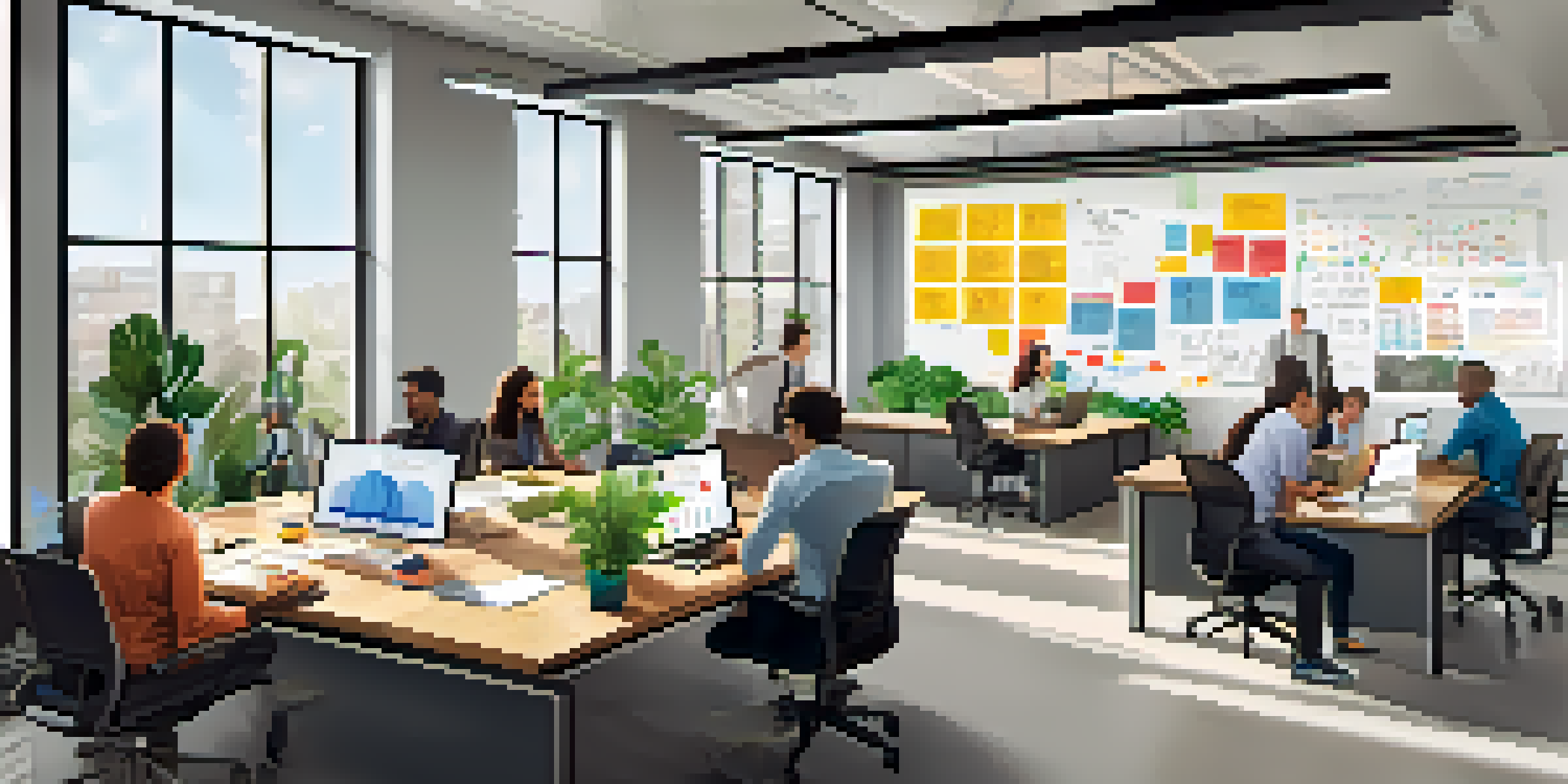 A diverse team of professionals collaborating in a bright office, surrounded by sticky notes and laptops, emphasizing agile project planning.