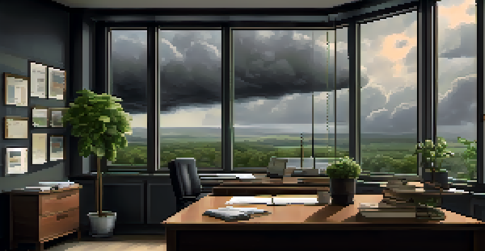 A calm office with a view of a stormy sky outside, featuring a desk with organizational materials and a green plant.