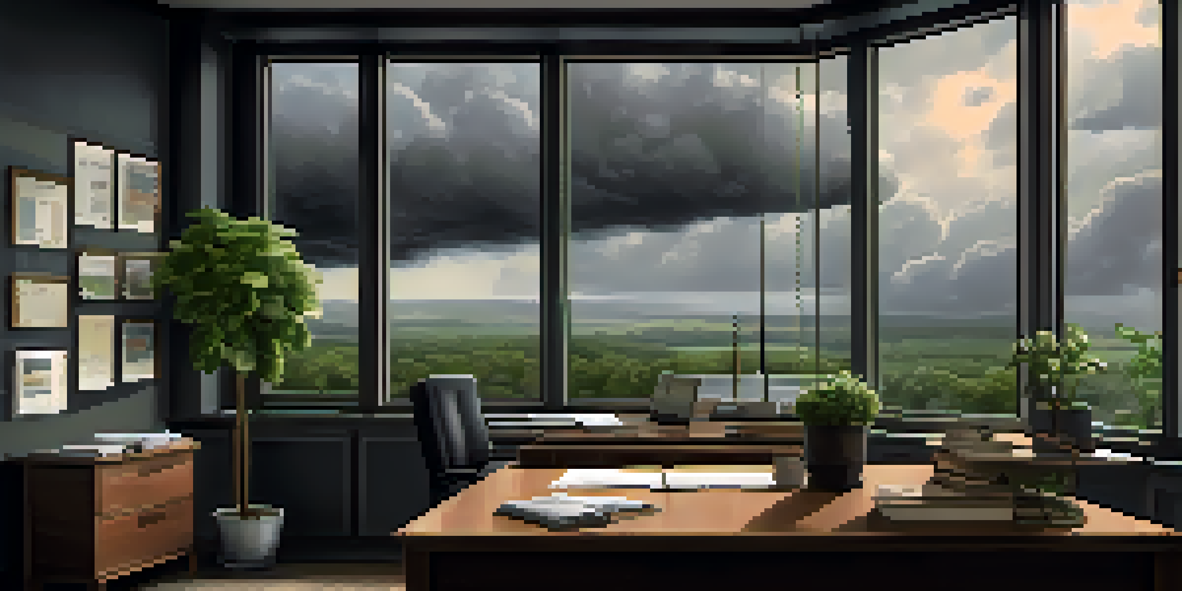 A calm office with a view of a stormy sky outside, featuring a desk with organizational materials and a green plant.
