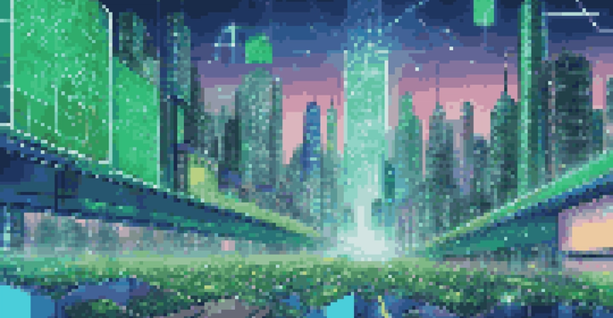An illustration depicting a blockchain concept with interconnected glowing blocks and a blurred futuristic city in the background.