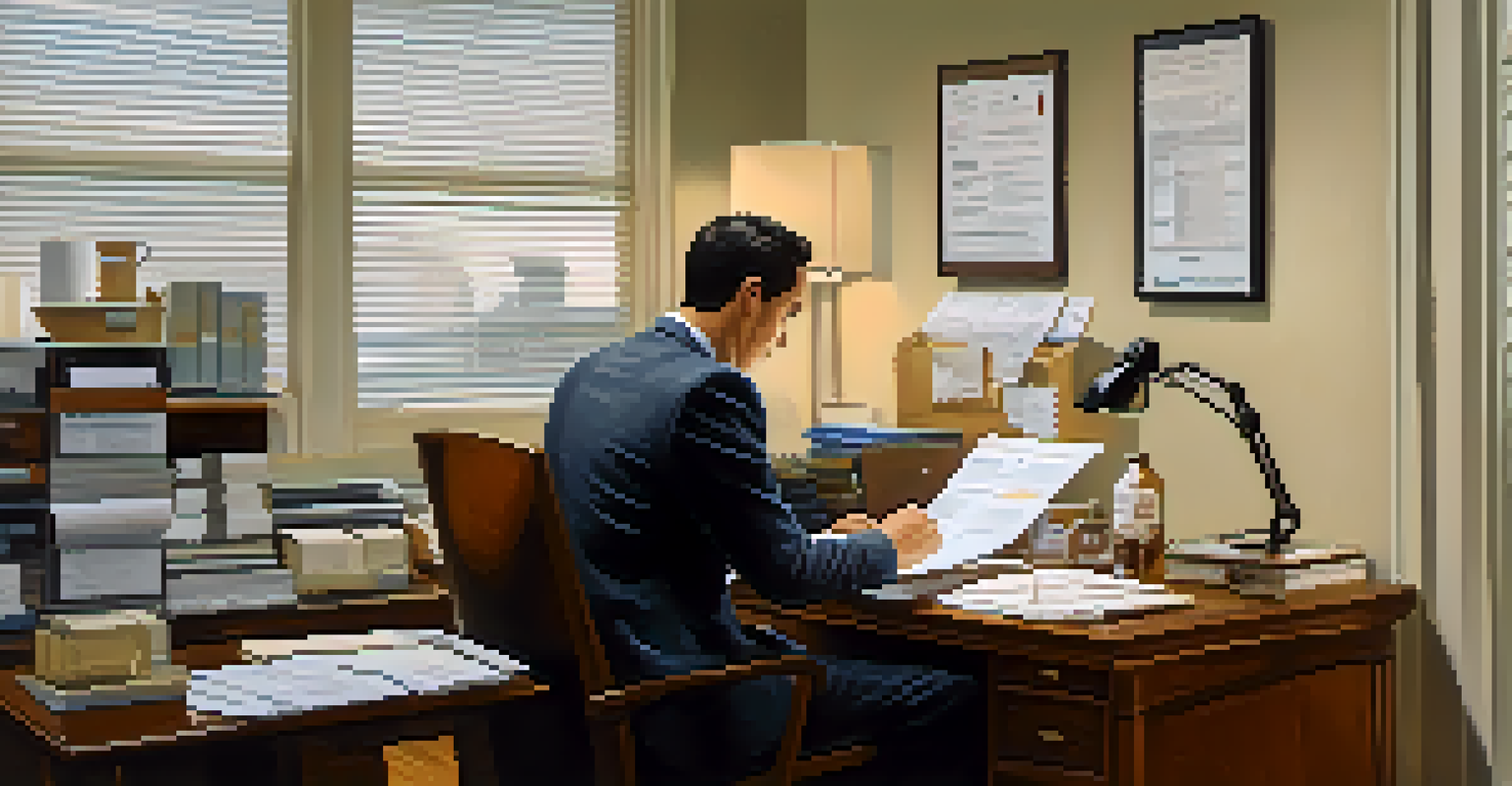 A businessperson sitting at a desk reviewing export documents, surrounded by a laptop and a coffee cup, reflecting a professional environment.