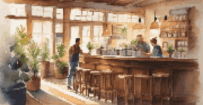 A cozy coffee shop with a barista serving coffee to a smiling customer, illuminated by warm sunlight.