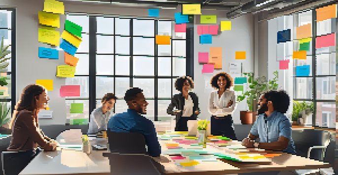 A diverse group of employees collaborating in a bright conference room filled with sticky notes and laptops, showcasing enthusiasm and creativity.