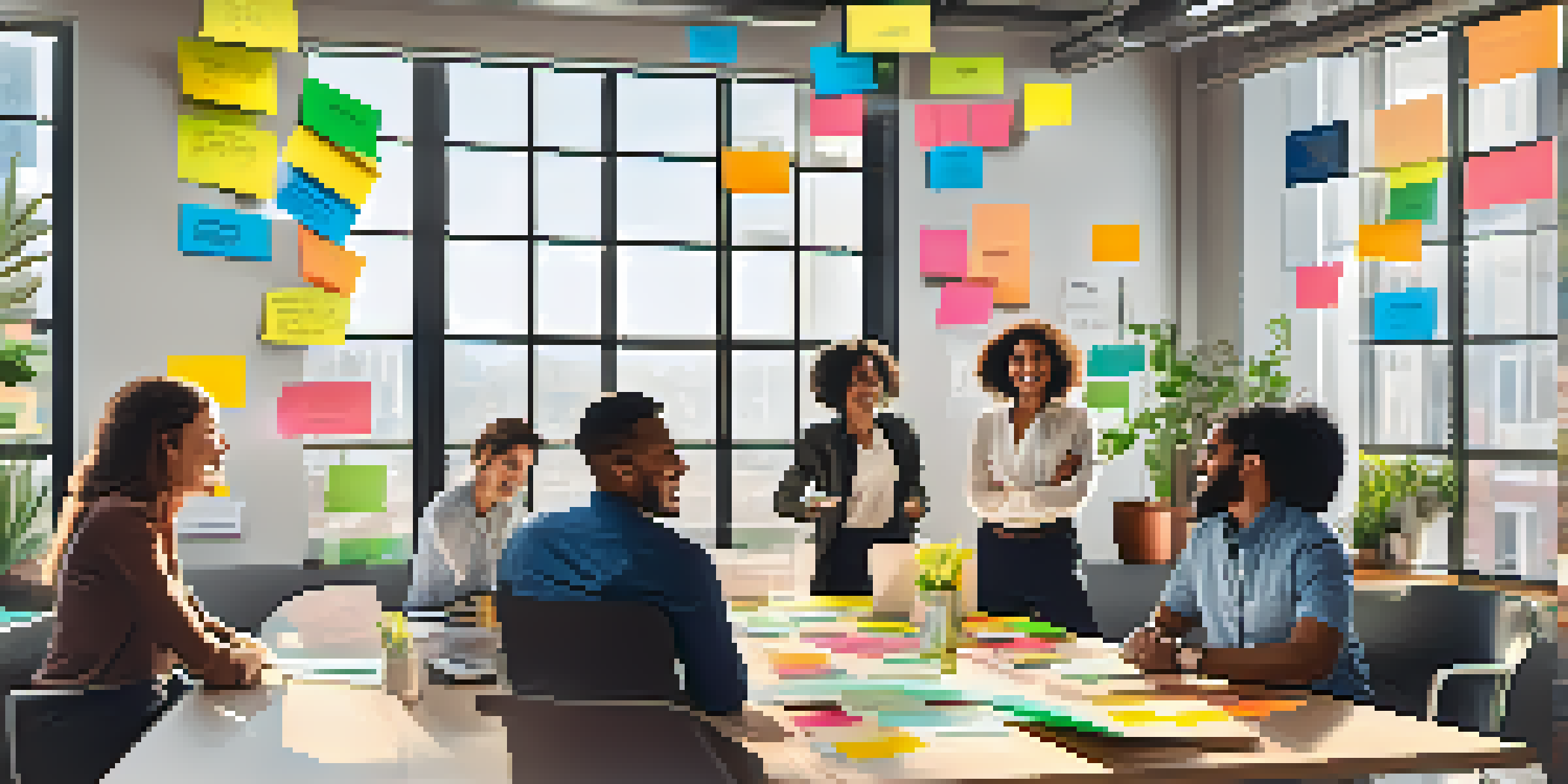 A diverse group of employees collaborating in a bright conference room filled with sticky notes and laptops, showcasing enthusiasm and creativity.