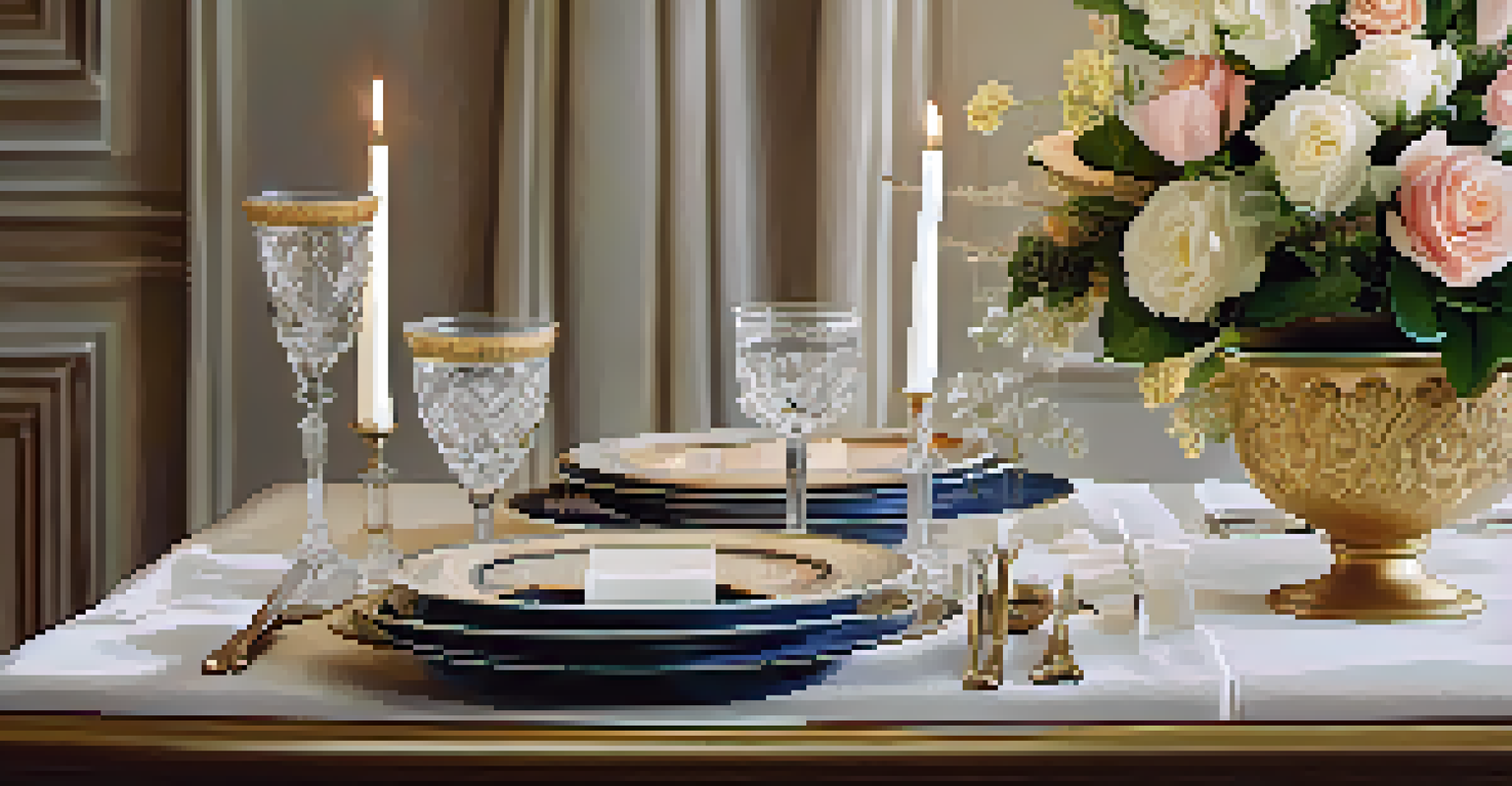 An elegant dining table set with fine china and fresh flowers, illuminated by soft candlelight.